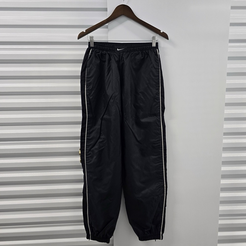 Vintage Y2K Nike Mens L Black Nylon Track Pants White Piping Ankle Zip